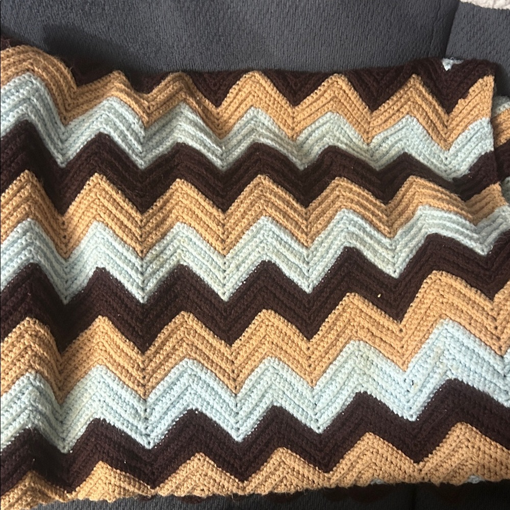 Chevron Knit Blanket in Brown, Tan, and Cream Hand Made